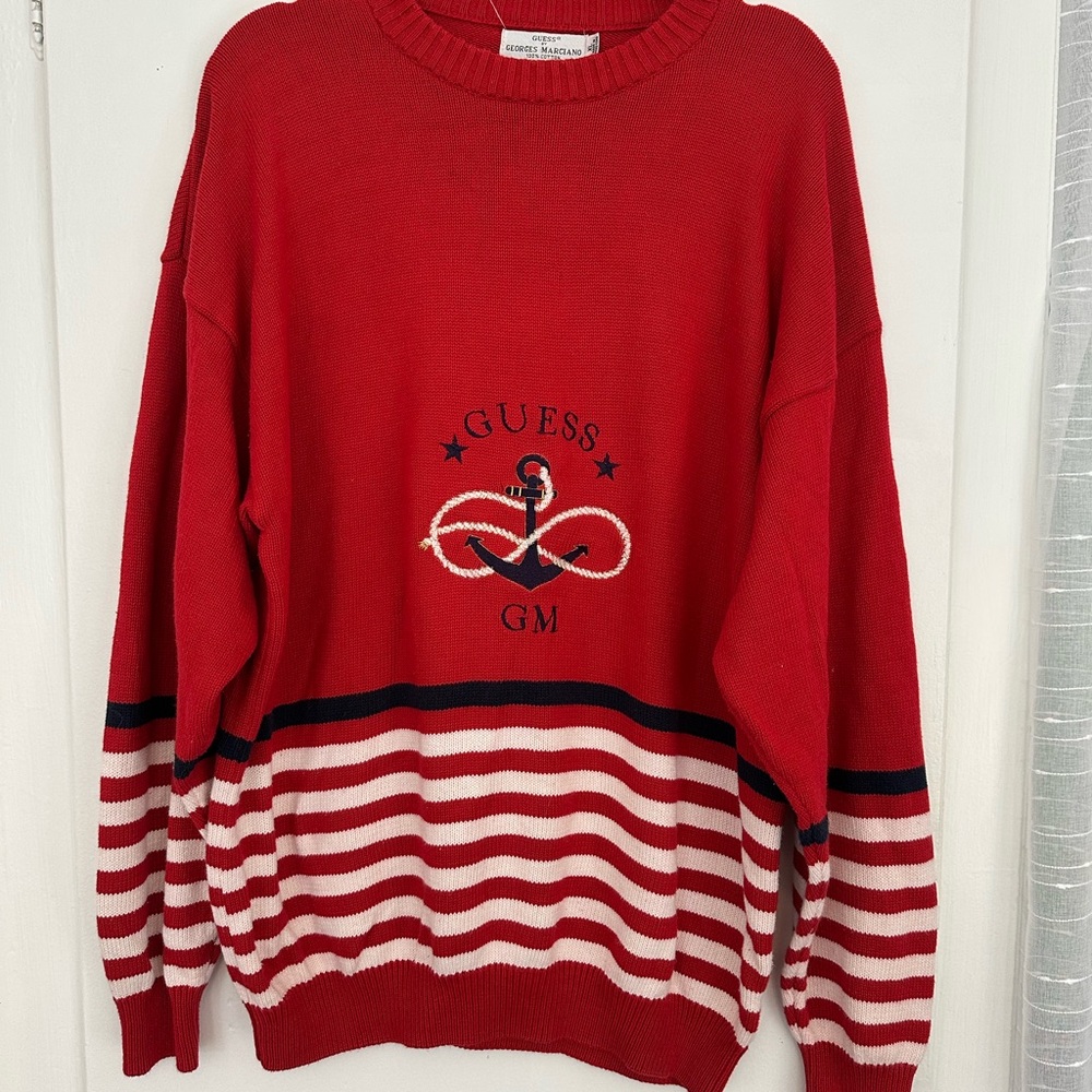 Guess Red and White Striped Crewneck Sweater